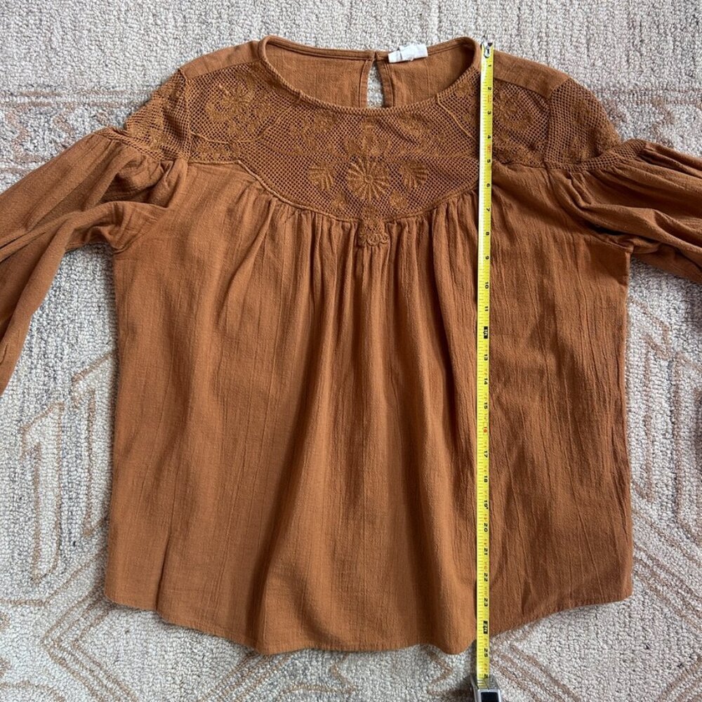 Brown Embroidered Lace Yoke Peasant Blouse Cotton Boho Folk Anthropology women L - Picture 14 of 16